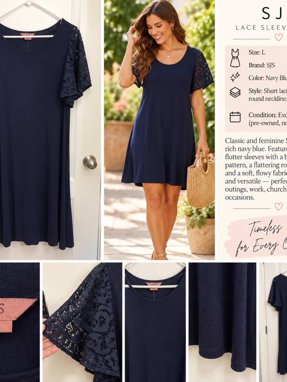 SJS Navy Lace-Sleeve A-Line Midi Dress